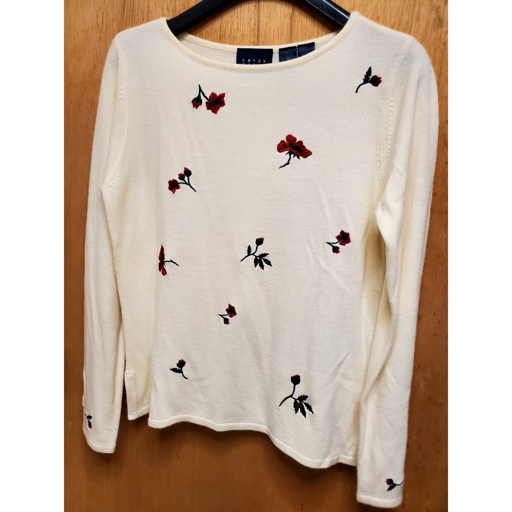 Vintage Crazy Horse Cream Floral Embroidered Knit Sweater Size M